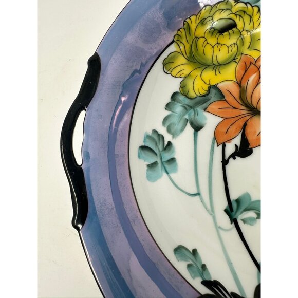 NORITAKE MORIMURA TWO HANDLED SERVING BOWL Floral Art Deco Blue Luster Ware - Picture 12 of 15